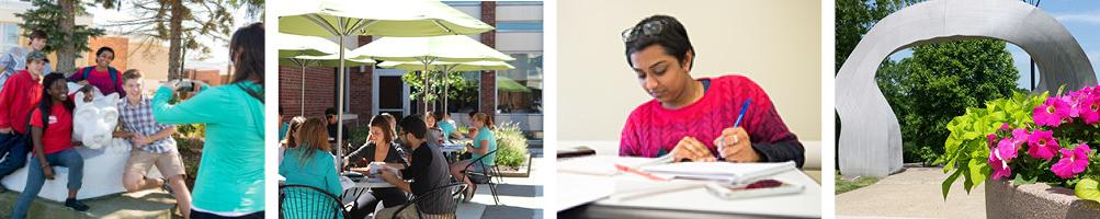 Collage of 4 photos of students and campus landmarks